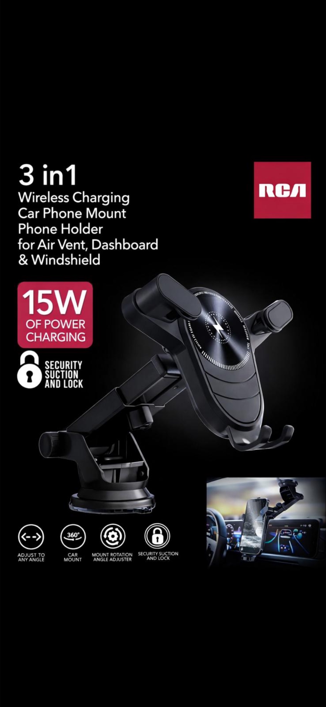 RCA 3-in-1 Wireless Charging Car Mount